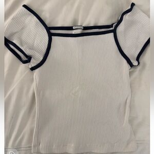 MOTHER White Ribbed Top with Navy Trim